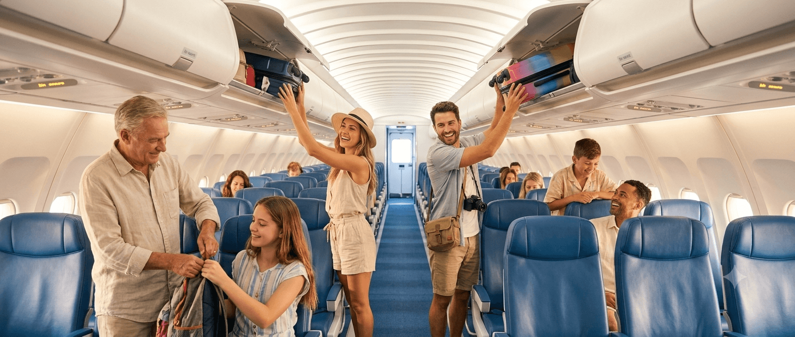 Pasajeros acomodando el equipaje en un avión